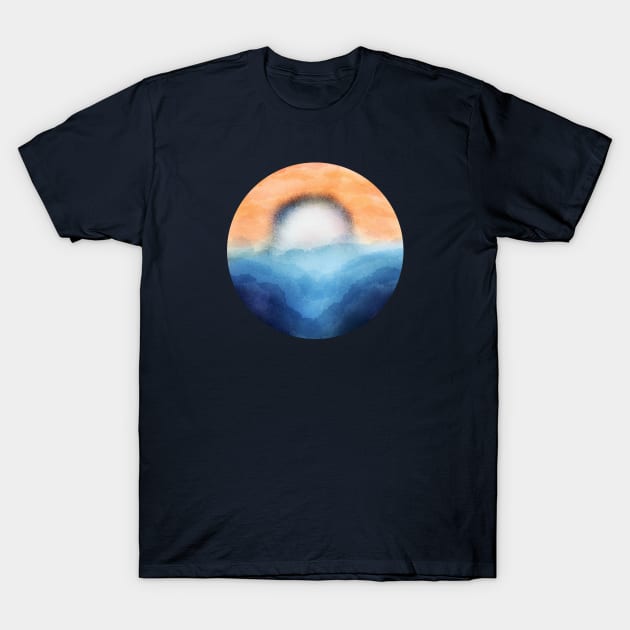 Vibrant Moon Rising Over The Mountains and Waves Abstract Digital WaterColor Art T-Shirt by Insightly Designs